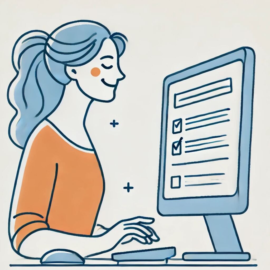 line art orange and blue happy lady signing up online for a car accident loan