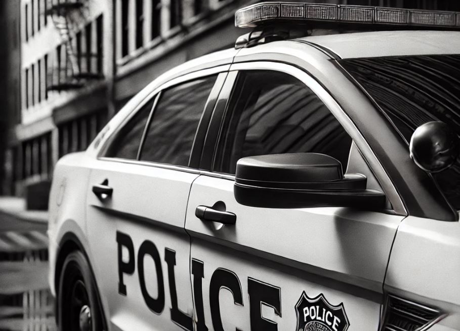 police car black and white photo hog tied person in rear seat tinted window